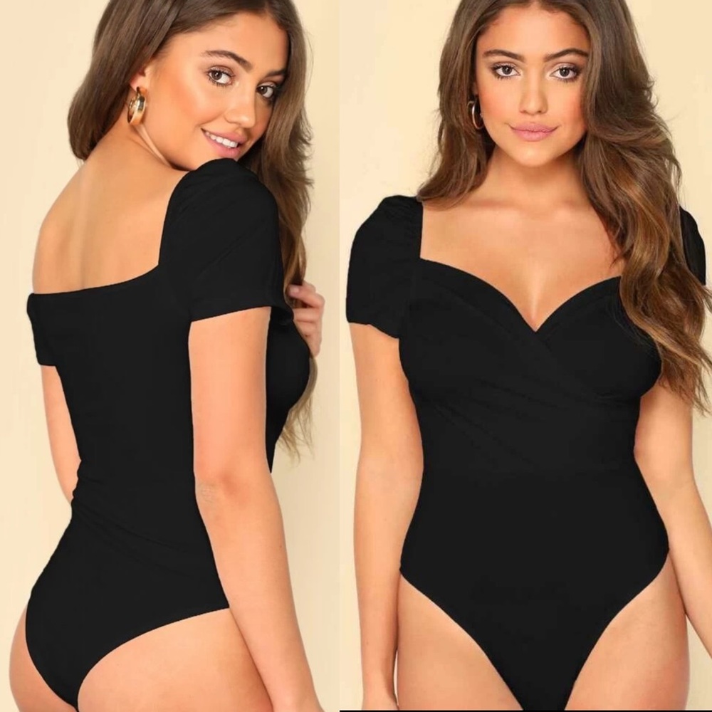 Sweetheart neck cap sleeve bodysuit black - Picture 2 of 4